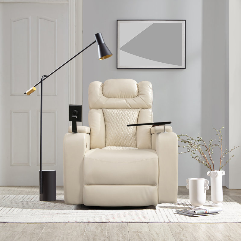 Keerstin Faux Leather Swivel Power Recliner, White Faux Leather