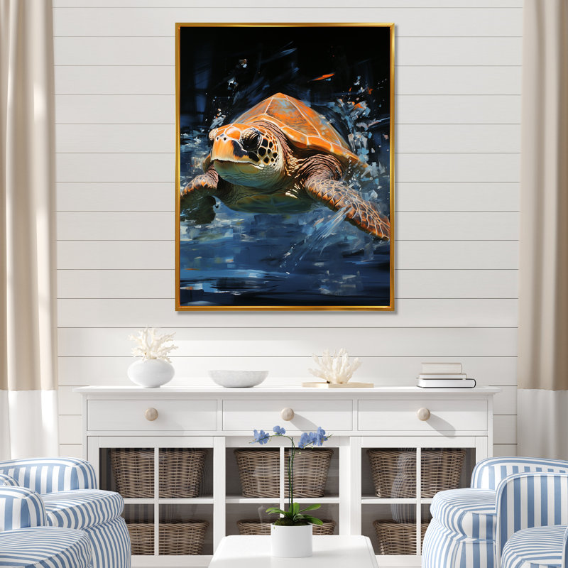«Sea Turtle Journey», art mural animaux côtiers, Cadre flottant doré, H 32 po x l 16 po x P 1 po
