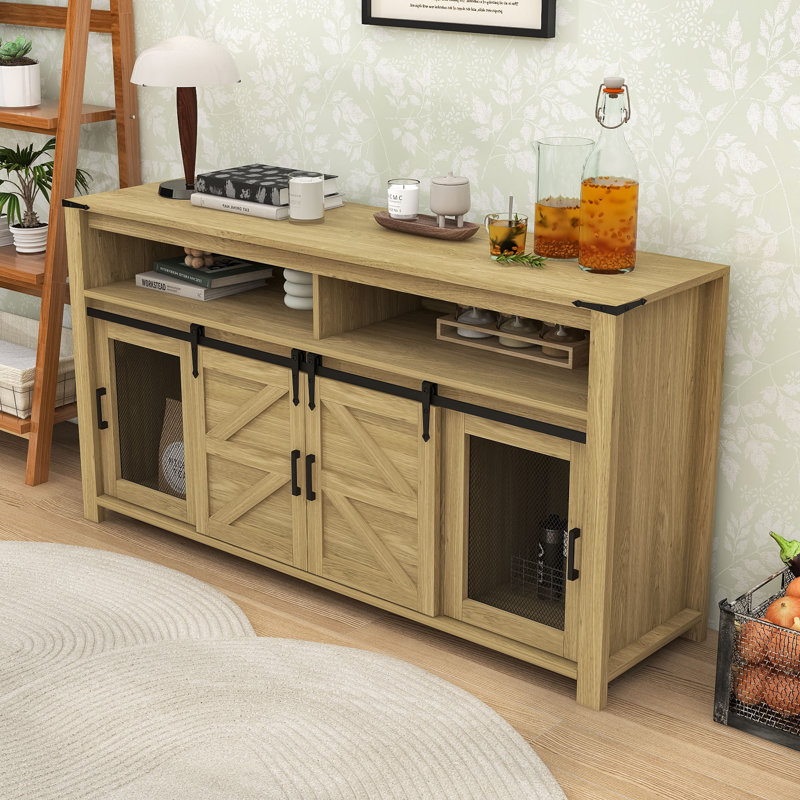 Versatile Buffet Cabinet with Barn-Inspired Sliding Doors, Spacious Storage, Natural