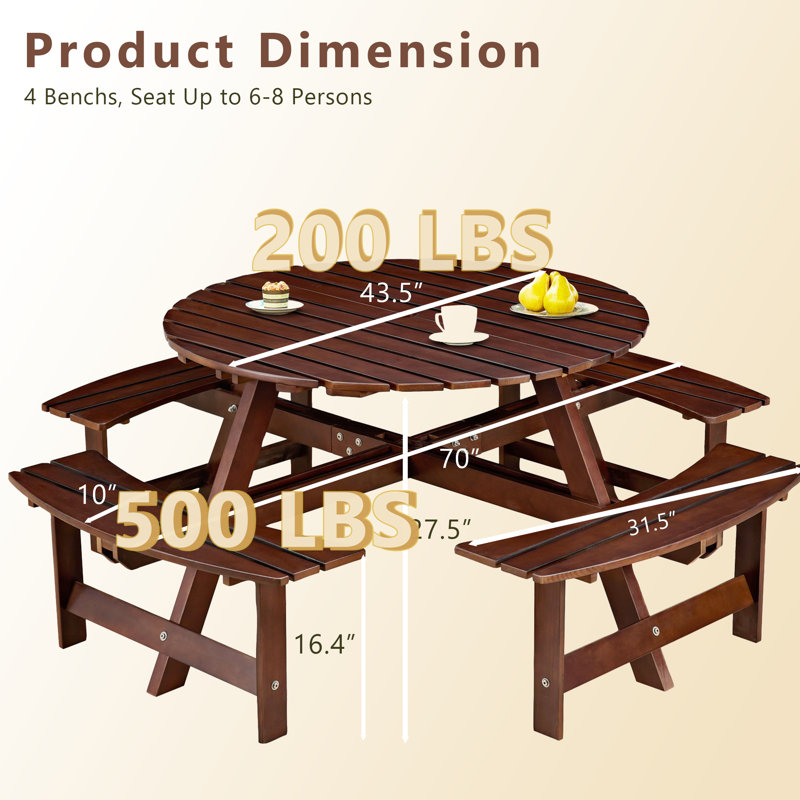 8 Person Wood Picnic Table, Outdoor Round Picnic Table with 4 Built-in Benches, Umbrella Hole, Outside Table and Bench Set for Patio, Backyard, 500lbs Capacity Per Bench