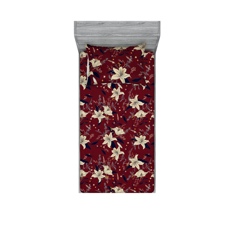 Drap-housse et taies décoratives 3 pièces Ambesonne, Rubis / motif floral champagne