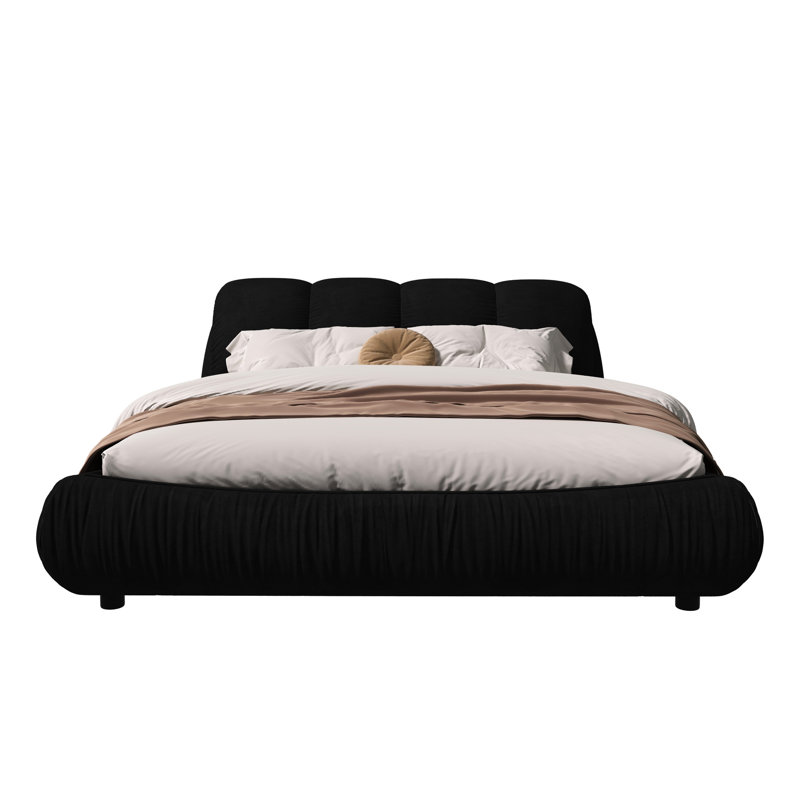 Black Upholstered Platform Bed, Queen Size, With Solid Wood Construction And Soft Headboard Luxury Black, Oversized Padded Slats