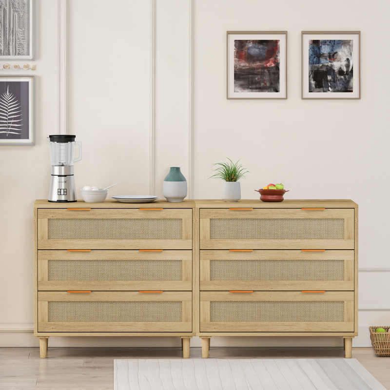 3-Drawers Rattan Storage Cabinet Rattan Drawer (Set Of 2),For Bedroom,Living Room,Dining Room And Hallways, Oak
