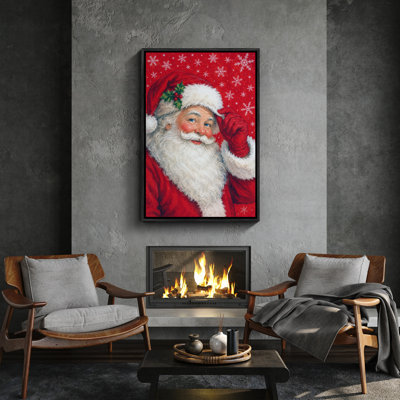 Portrait de père Noël souriant, flocon de neige rouge, impression encadrée