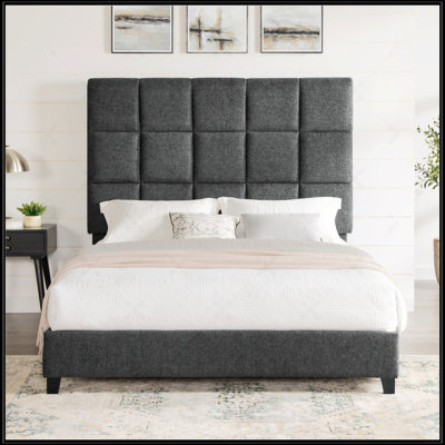 Queen Size Grey Squares Upholstered Platform Bed With Durable Interlocking Frame And Certi-PUR-US Foam For Comfort And Support