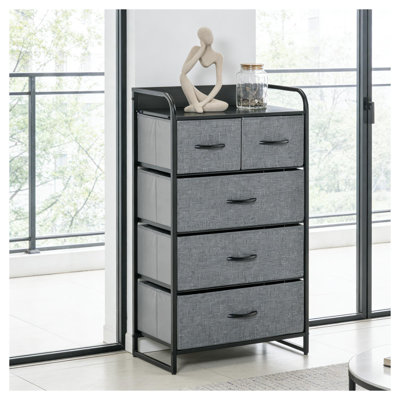 Armoire tour de rangement à 5 tiroirs en lin avec structure en acier, organisateur en tissu gris pour le couloir ou la chambre à coucher