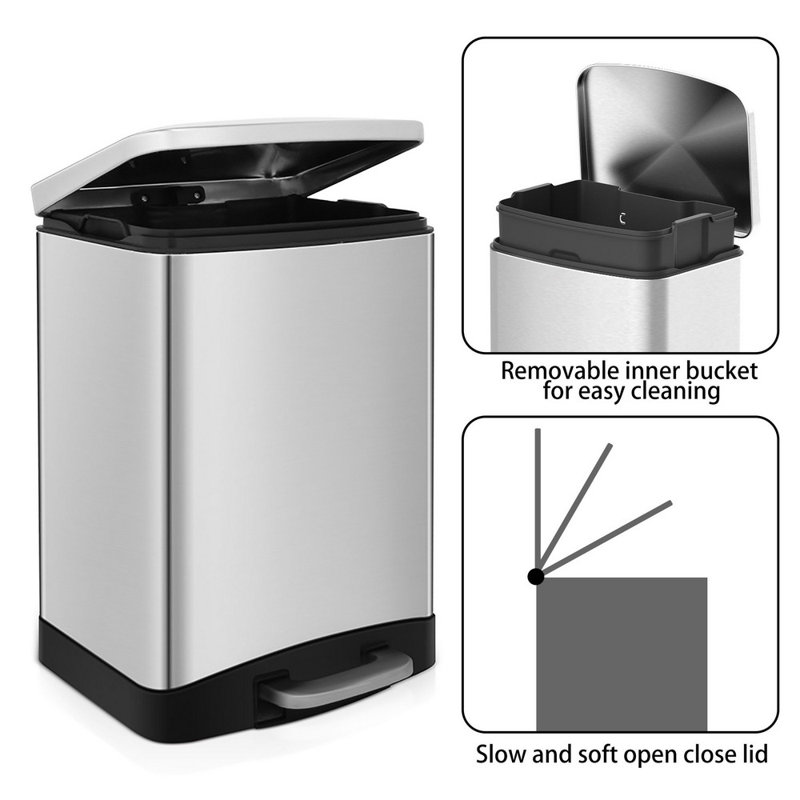 Brushed Stainless Steel Rectangular Step-On Trash Can, 10.6 Gallon