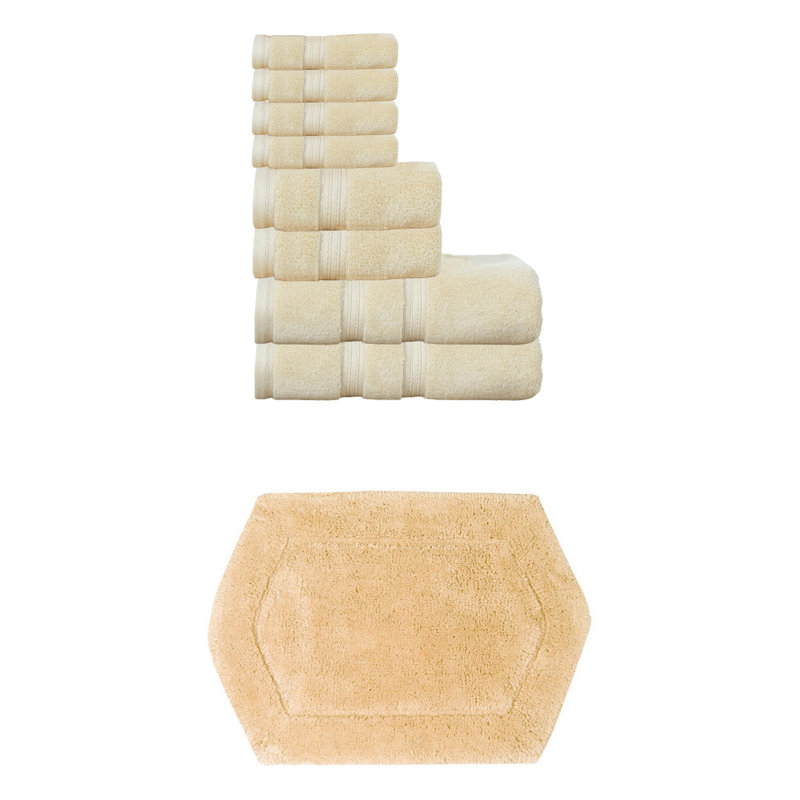 Bryd Collection 100% Soft Cotton 8 Pc Bath Towel Set & 1 Pc 17x24" Bath Rug, (Set of 9), Yellow
