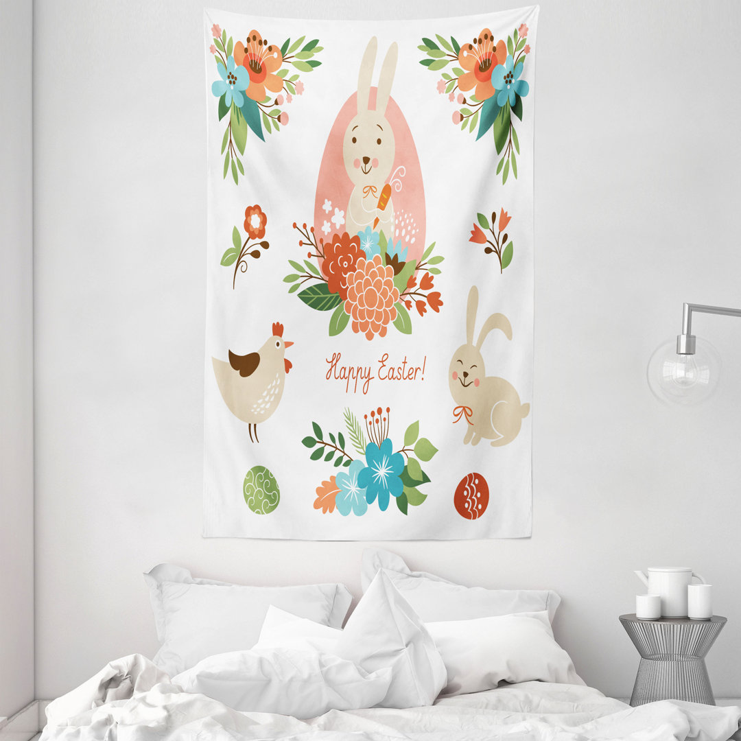 Wandteppich, Pastell Hase Blumen Cartoon, Koralle Beige