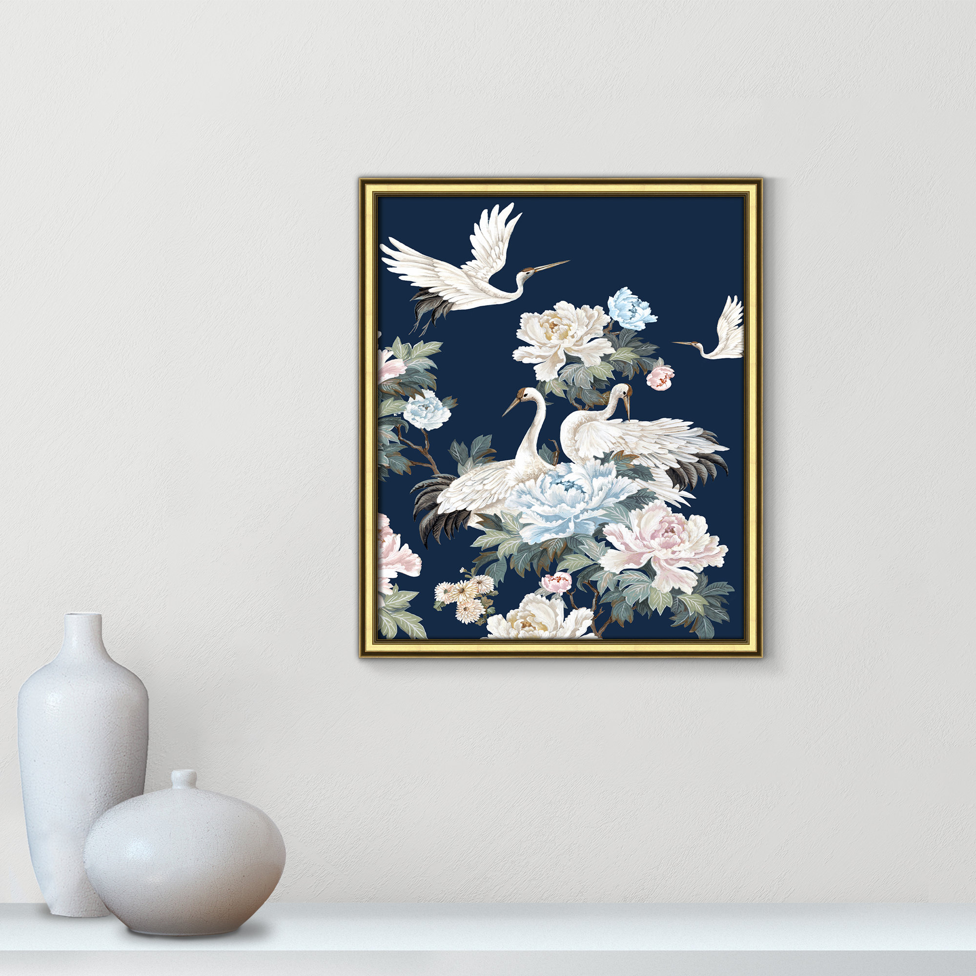 Pearly White Cranes II - Picture Frame Painting, 20.25" H x 17.25" W x 0.88" D, Gold
