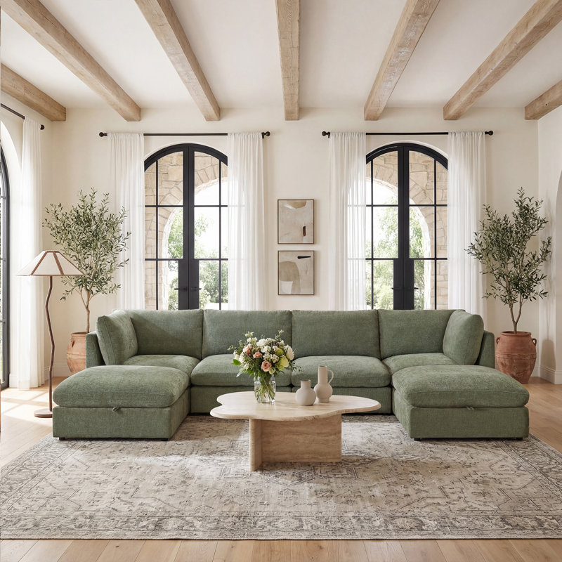 Parkton 6 Piece Chenille Upholstered Sectional Sofa,  U-shaped Modular Couch Sofa with 2 Storage Ottoman