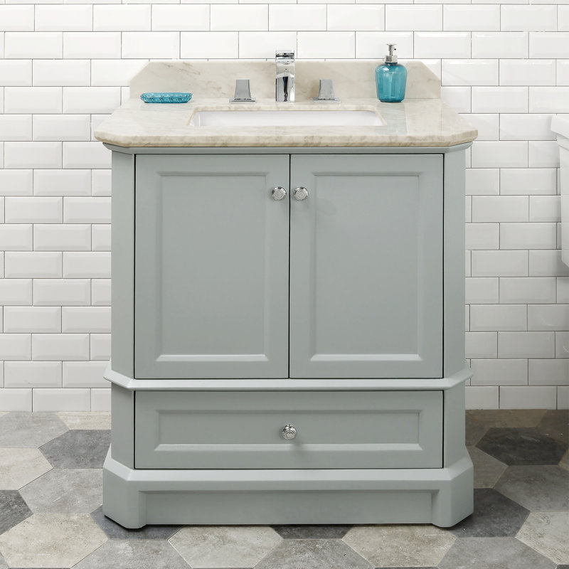 31.25'' Single Bathroom Vanity with Marble Top, Crema, Ocean Gray