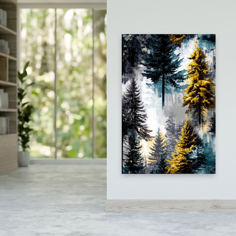 «Golden Teal Forest», art dramatique abstrait de forêt de pin spectaculaire, H 60 po x l 40 po