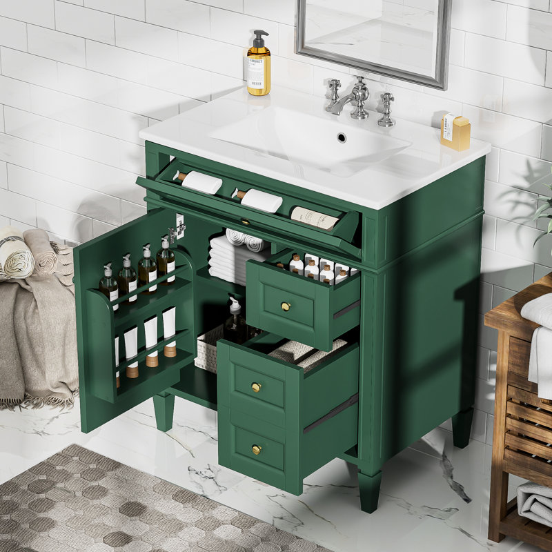 Meuble-lavabo de 30 po avec lavabo en céramique de style moderne, 3 tiroirs, organisateur de porte d'armoire, glissières de tiroir en métal lisse et pieds romains exquis pour le tiroir à 2 pointes décoratives, poignée texturée et solide