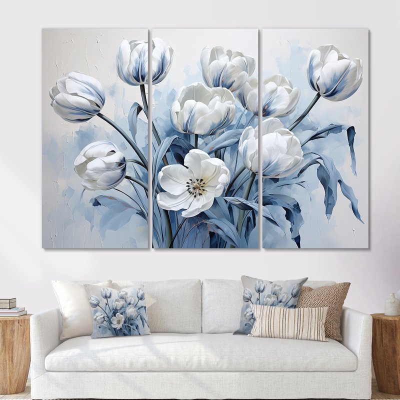 Minimalisme, tulipes bleues et blanches Brushstrokes - ensemble d'art sur toile, Toile tendue, H 32 po x l 48 po x P 1 po