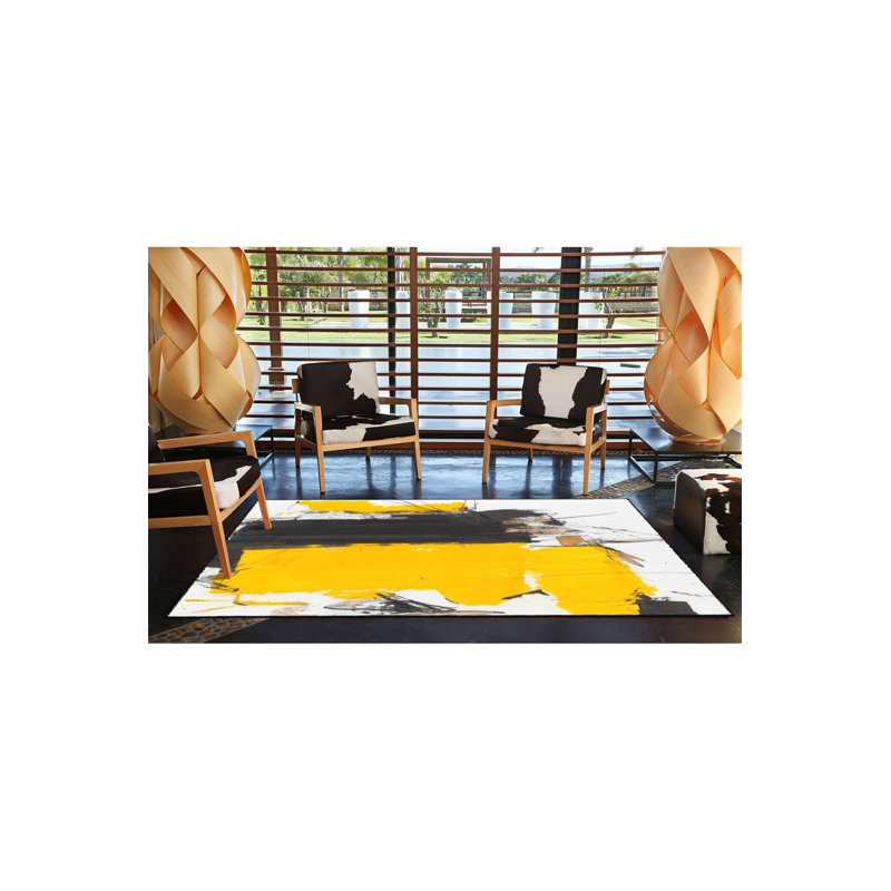 Tapis jaune lavable à motifs tissés, Sous-tapis rectangulaire de 3 pi 3 po x 4 pi 11 po