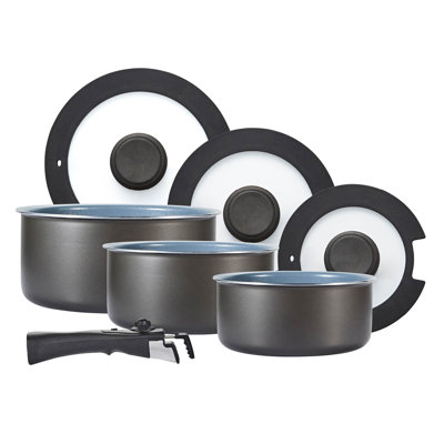 Tower Freedom T800201 7 Piece Cookware Set with Ceramic Coating, Stackable Design and Detachable Handle, Graphite, Aluminium