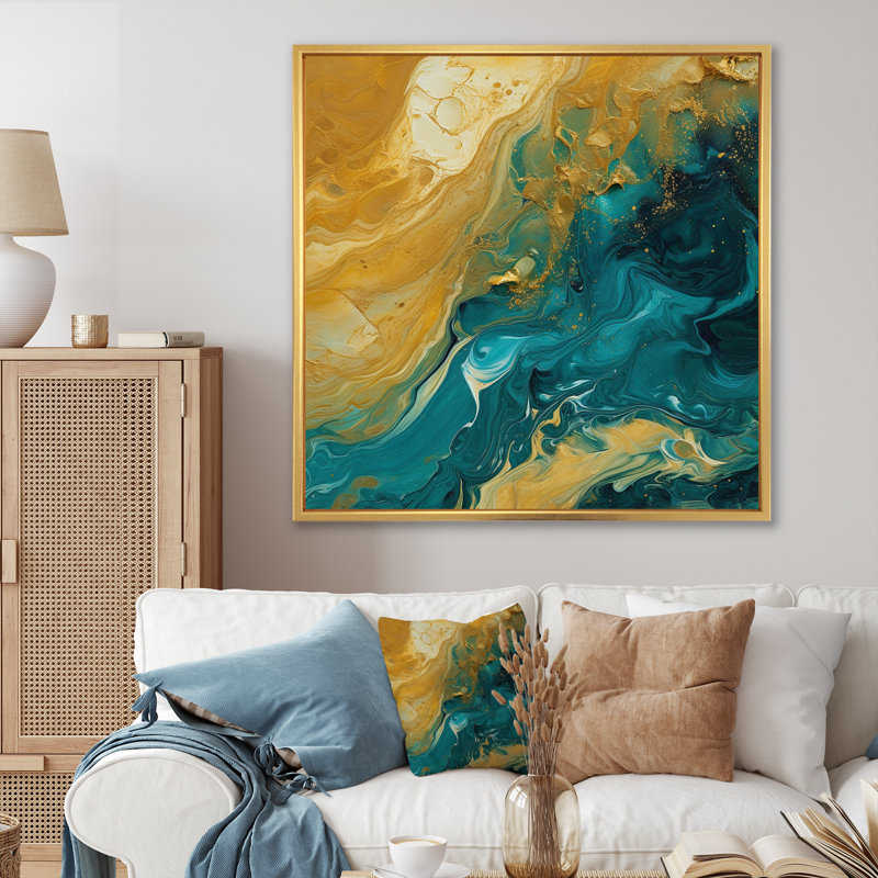 Golden Sunshine in Deep Blue Ocean Abstract - reproduction d'art sur toile, 30" H x 30" W, Cadre flottant doré