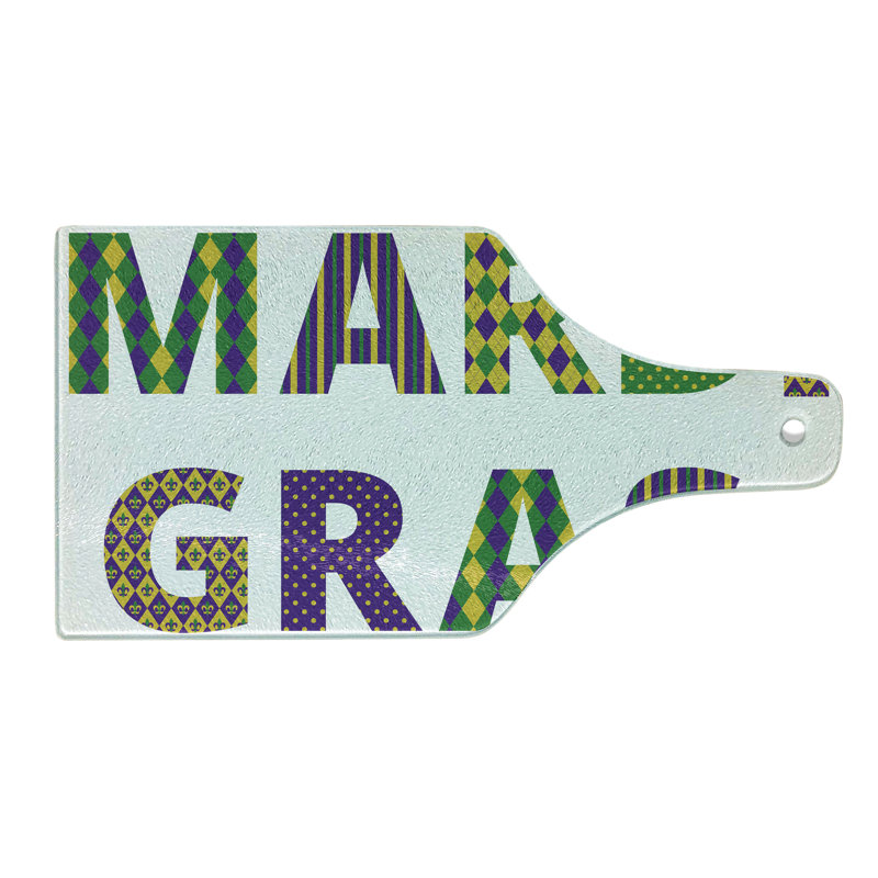 Planche à découper en verre trempé Ambesonne Mardi Gras lettres mauve vert jaune