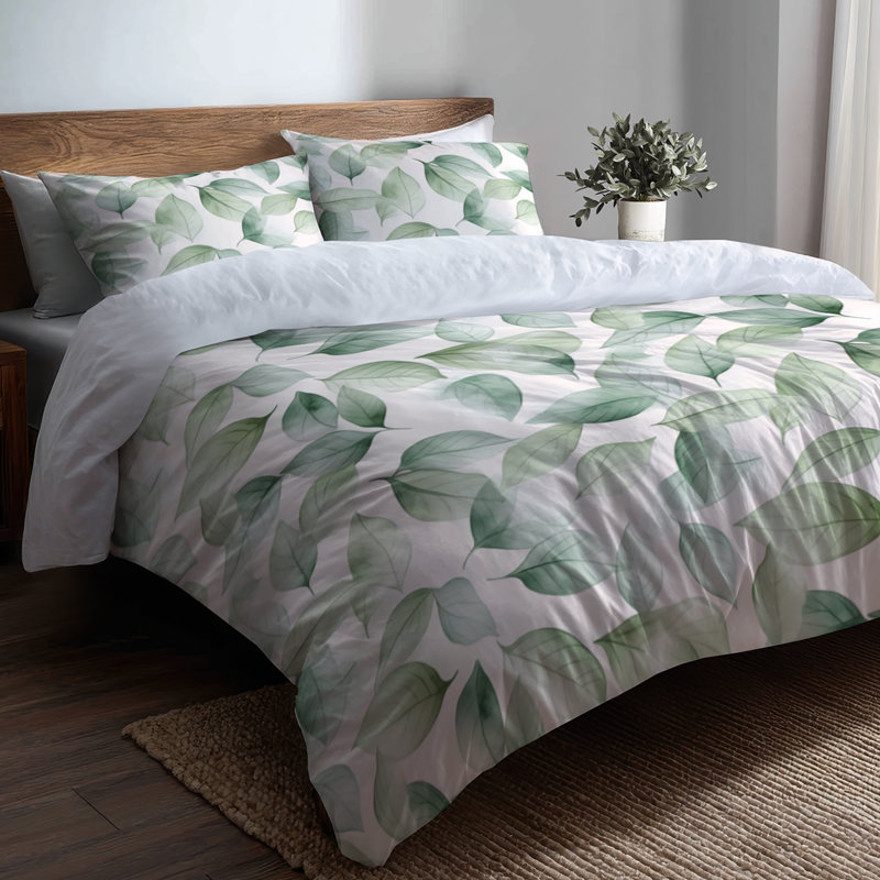Ensemble de housse de couette Boho - Ensemble de literie et de coussins décoratifs 3 feuilles vertes zen