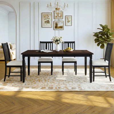 5-Piece Extendable Dining Table Set for 4, Farmhouse Oak Veneer Table and 4 Upholstered Chairs, Rubberwood Legs Space-Saving Dining Set for Family Din