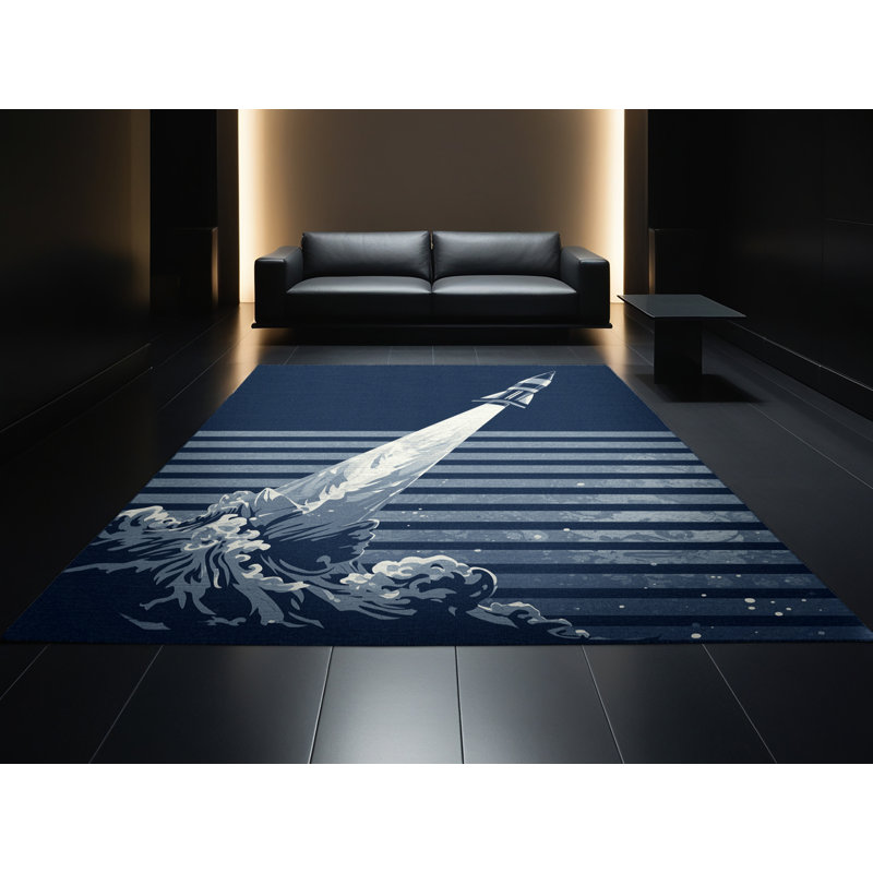 Tapis à rayures nautiques bleu marine et bleu marine lavable à la machine, 8 x 10
