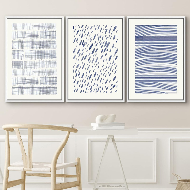 Linear Geometry " Geometric Blue & White Watercolor Variety Abstract Shape Illustration Modern Art Chic Relax Calm " 3 - Pieces