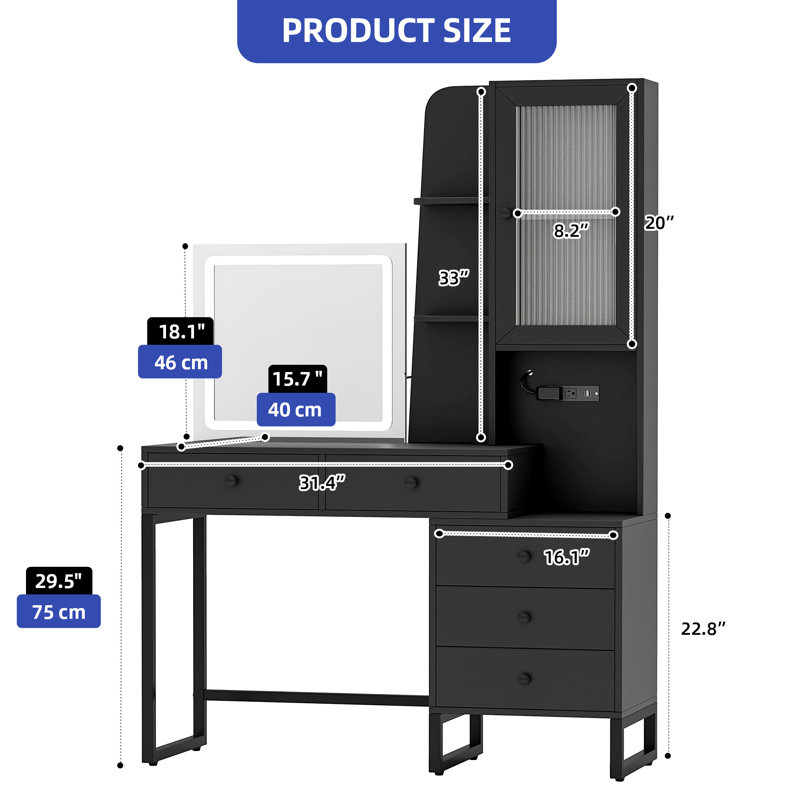 Modern Black Vanity Table with LED Mirror, Built-In Power Hub & Ample Storage