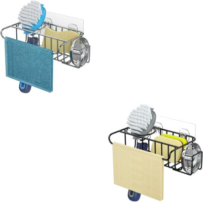 4-In-1 Adhesive Sponge Holder Sink Caddy With Brush And Towel Holder, Durable Stainless Steel Kitchen Sink Organizer For Sponges, Soap, Brushes And Cleaning Tools