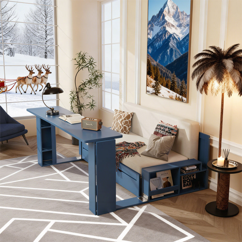Grand lit de jour avec bureau amovible, Bleu, Grand lit