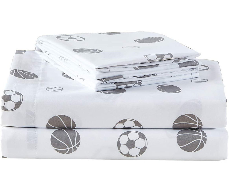 Twin White and Gray Sports Print Microfiber Sheet Set