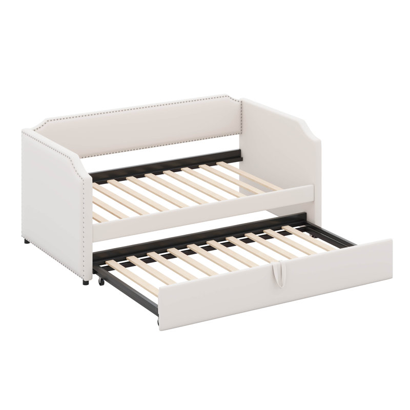 Twin Daybed With Pop Up Trundle,  Velvet Upholstered Extendable Day Bed Frame, Beige