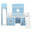Lit simple mezzanine bleu avec glissade, tente rose et tour