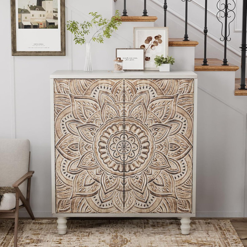 Vintage Sideboard Buffet Cabinet With Magnetic Doors, Grey Lotus Pattern