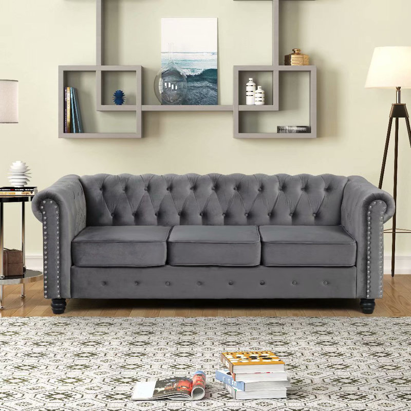 Canapé Chesterfield à accoudoirs roulés 80 po Abdulhameed, Velours gris clair