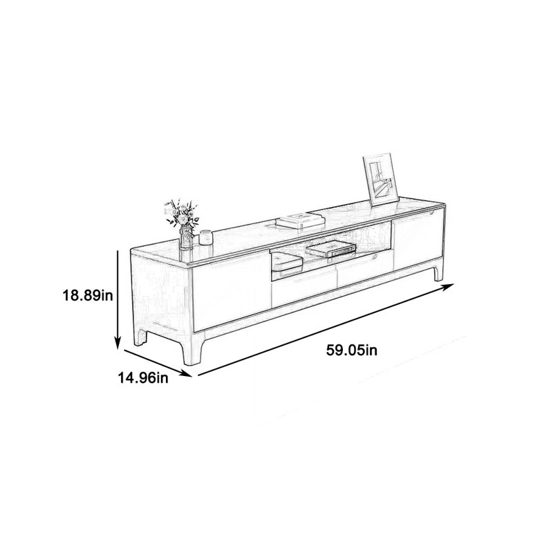 Meuble télé moderne en bois massif avec grand tiroir, H 18,89 po x l 59,05 po x P 14,96 po, Noyer/blanc
