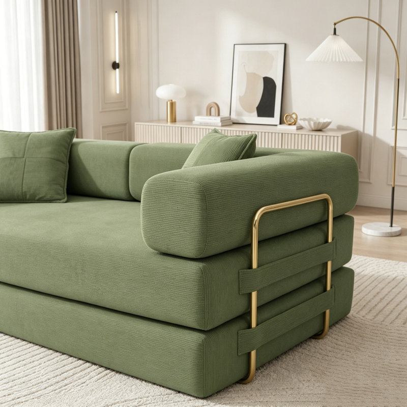 Canapé-lit modulaire en velours côtelé avec accoudoirs mobiles et sans assemblage, Green Corduroy, Green