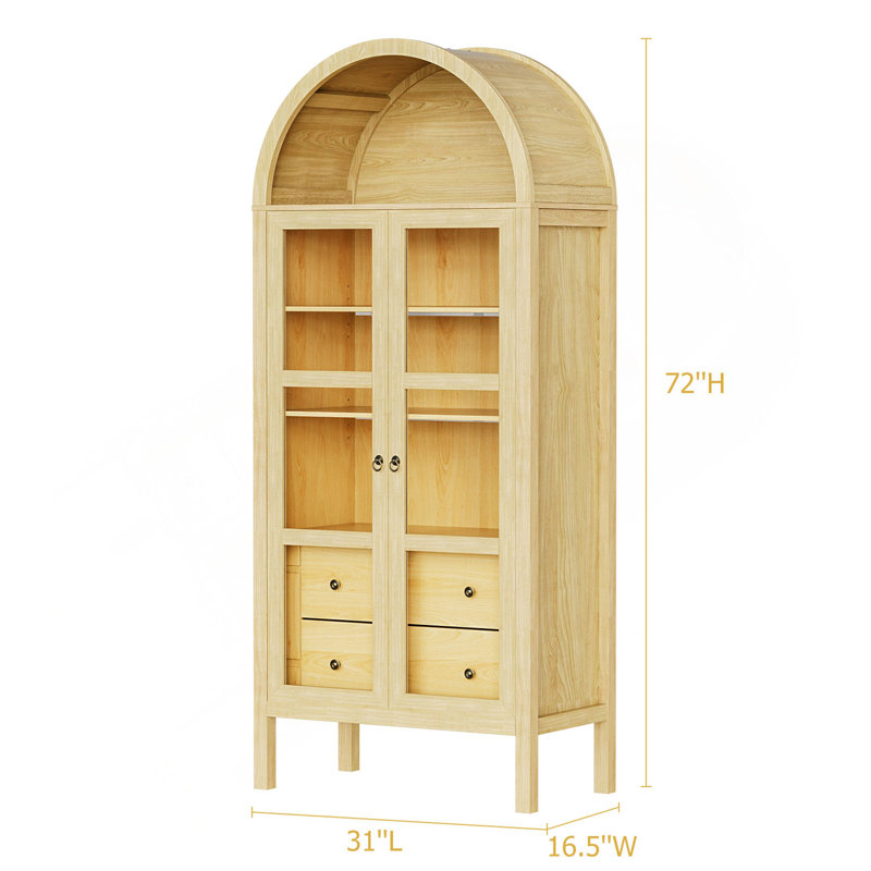 Armoire moderne arquée avec portes en verre, armoire de rangement de 72 po de hauteur à capteur automatique avec tablette réglable en hauteur et bibliothèque à 2 tiroirs en grain de bois de chêne original