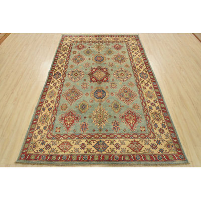 Tapis oriental en laine bleu tribal noué à la main 6 pi 2 po x 8 pi Kazak Kazak