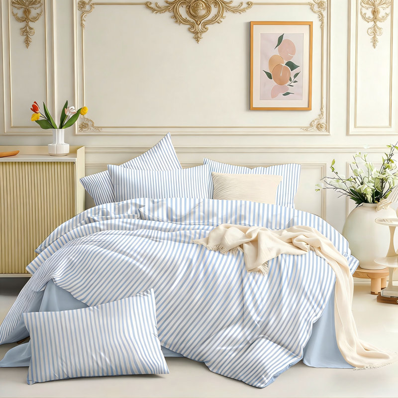 Blue Striped Comforter Set Stripe Comforter Soft Lightweight Pinstripe Dorm Bedding Set For All Seasons, Blue