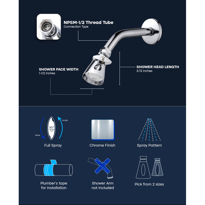 Pomme de douche réglable à réglage de jet en métal chromé, surface de 2,2 po