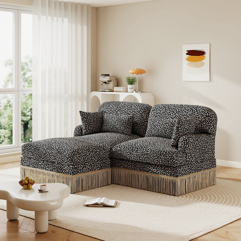 Canapé modulaire en forme de L 69,2 po Chenille Leopard avec jupe à franges, Kaki