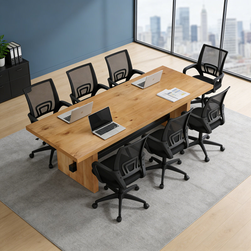 Ensemble de table de conférence en bois massif industriel moderne et 8 chaises de bureau ergonomiques