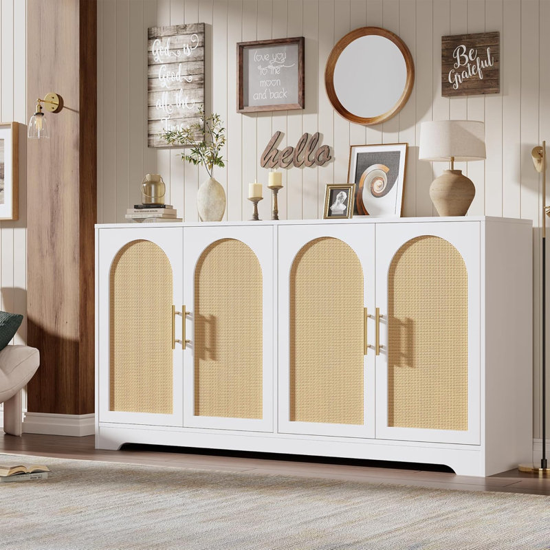 30" W Sideboard Buffet Cabinet- with 2 Rattan Doors, Storage Console Table & Modern Accent Coffee Bar Cabinet for Living Room, Kitchen, White