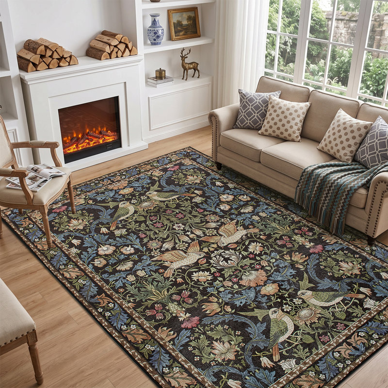 Flatweave Area Rug，Black retro floral rug, 160*230cm