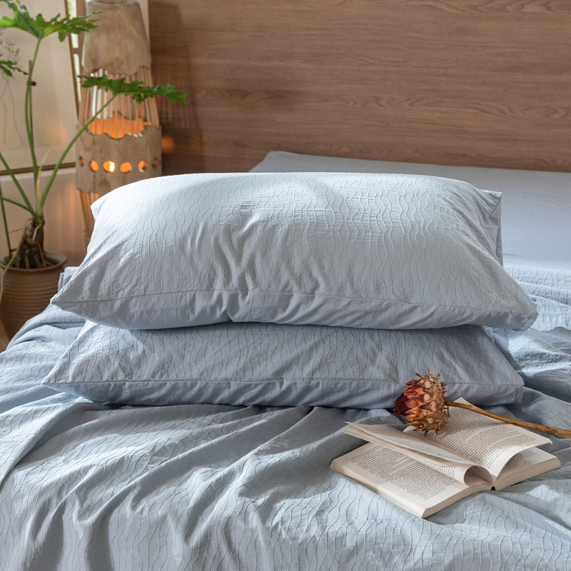 Ensemble de housse de couette à rayures ondulées 100% coton lavé MooMee, Bleu bleuet
