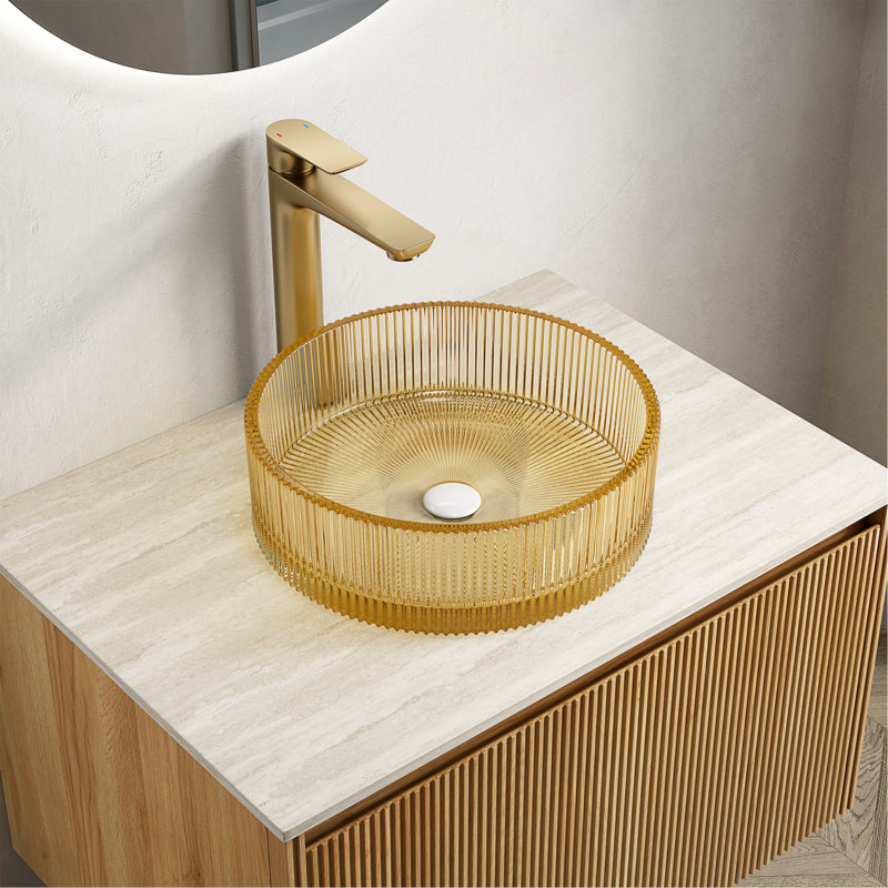Lavabo rond en verre cristal de 35,5 cm (14 po) pour salle de bain, sans robinet, couleur or pâle