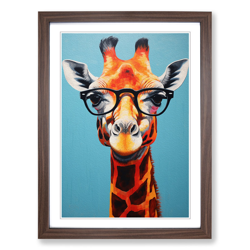 Giraffe With Glasses - Single Picture Frame Print on Wood, Walnut, 34cm H x 25cm W x 2cm D