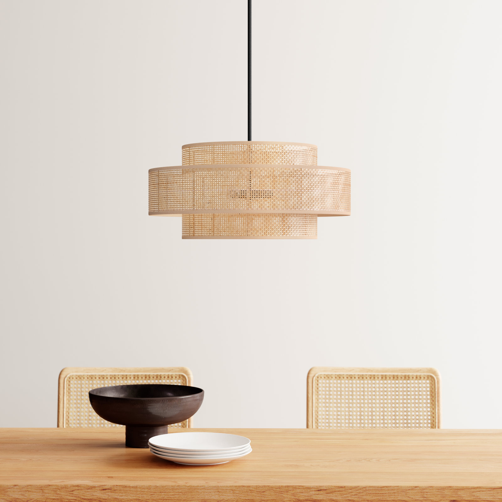 Dominique 3 - Light Dimmable Drum Chandelier, Black/Natural