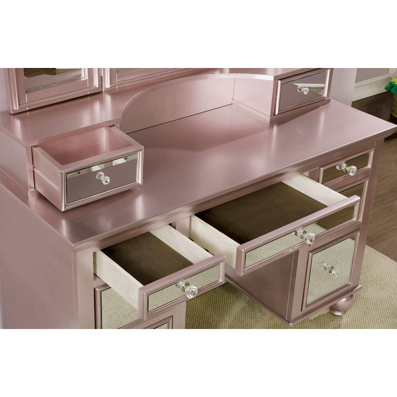 Transitional Style 1Pc Vanity W/ Stool Set Knob Handles Storage Drawers 3-Sidded Mirror Bedroom Furniture, Rose Gold